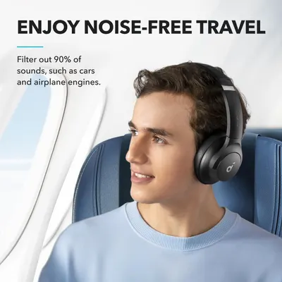 Communicates the headphones' noise-cancellation performance with a quantifiable stat (90% sound filtering) to reassure travelers they'll experience quiet, peaceful journeys. Highlights the core…