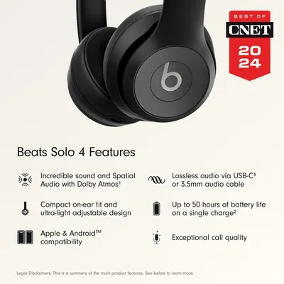 Showcases multiple distinct selling benefits of the Beats Solo 4 headphones in a segmented layout, highlighting audio quality, design, battery life, compatibility, and call quality to communicate…