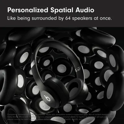 Communicates the impressive audio performance by quantifying the immersive spatial audio experience as equivalent to being surrounded by 64 speakers, emphasizing the product's advanced sound…