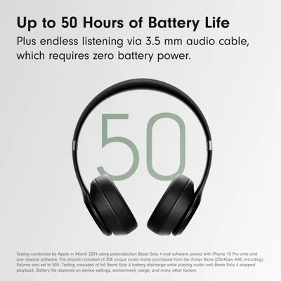 Communicates the exceptional battery performance of the headphones, emphasizing long wireless usage and unlimited wired listening to reassure shoppers about battery reliability.