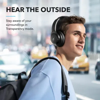 Highlights the headphones' transparency mode feature, reassuring shoppers they can stay aware of their surroundings for safety and convenience while wearing the product.
