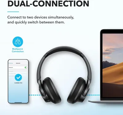 Communicates that the headphones can connect to two devices simultaneously and allow quick switching between them, emphasizing convenience and versatility for multi-device users.