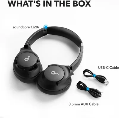 Shows the customer everything included in the purchase: the soundcore Q20i headphones, USB-C charging cable, and 3.5mm AUX cable, providing clarity and reassurance about what they will receive.