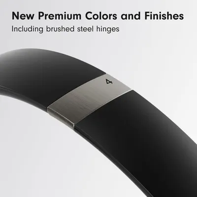 Highlights the product's premium aesthetic and material quality, emphasizing the new brushed steel hinges and color options to communicate sophistication and design upgrade.