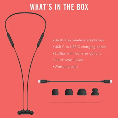 Shows the customer everything included in the box with their purchase, providing transparency and reassurance about what accessories and documentation come with the Beats Flex wireless earphones.