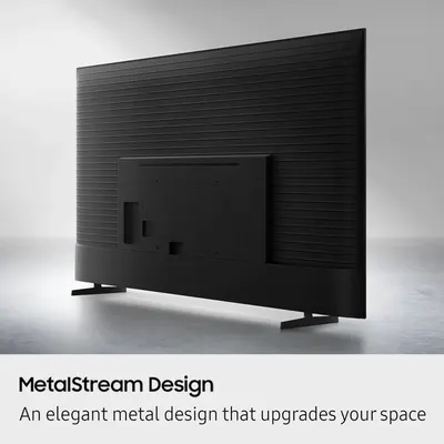 Highlights the elegant metal design aesthetic of the TV to communicate premium quality and how it enhances the visual appeal of the customer's living space.