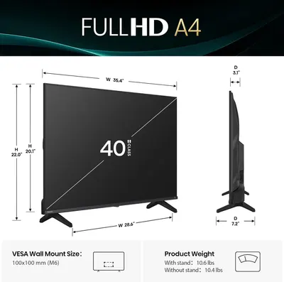 Provides detailed physical measurements of the TV including height, width, depth, diagonal screen size, and weight to help shoppers understand the exact size and ensure it fits their space.