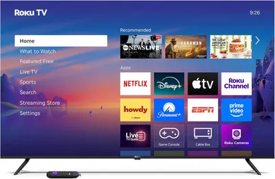 Shows the Roku TV interface and physical product in a clean, catalog-style presentation to help shoppers understand what the product looks like and its user interface.