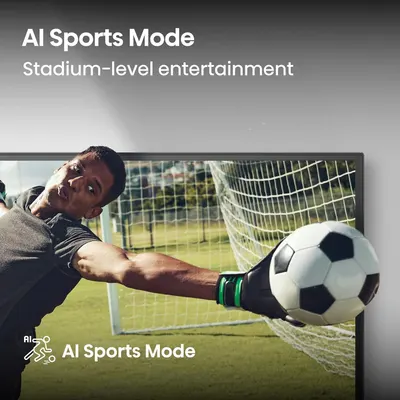 Highlights the AI Sports Mode feature that delivers stadium-level entertainment quality, reassuring shoppers that the product provides enhanced viewing experience for sports content.