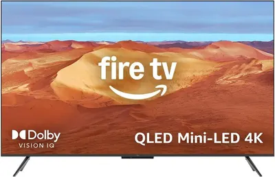 Communicates the Fire TV brand identity and key premium technology features (Dolby Vision IQ, QLED Mini-LED 4K) to establish brand recognition and position the product as a high-quality…