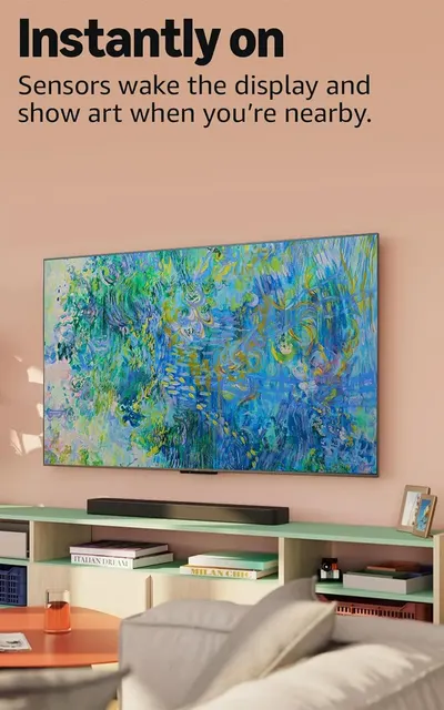 Communicates the convenience of automatic sensor activation that wakes the display and shows art when the user approaches, emphasizing ease of use and smart functionality.