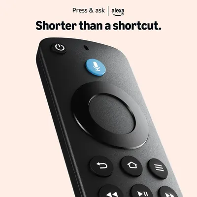 Highlights the Alexa voice control button on the remote, emphasizing the convenience and speed of voice commands compared to traditional navigation shortcuts.