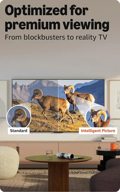 Demonstrates the superior picture quality of the product's 'Intelligent Picture' mode compared to standard viewing, reassuring shoppers that they will experience premium, optimized visual clarity…