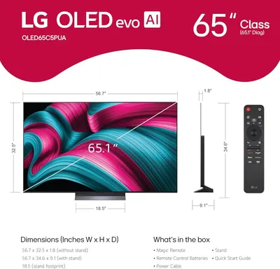 Communicates the exact physical dimensions of the TV (width, height, depth) with and without stand, plus screen diagonal measurement, to help shoppers understand the product's size and spatial…