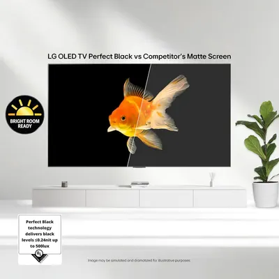Demonstrates the superior black level and contrast performance of the LG OLED TV compared to a competitor's matte screen, showing how the LG delivers true blacks while the competitor appears washed…