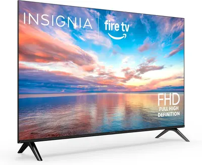 Communicates the brand partnership between INSIGNIA and Amazon Fire TV, while highlighting the Full High Definition display quality to establish product identity and key technical specification.