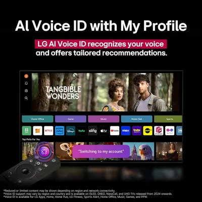 Highlights the LG AI Voice ID feature that recognizes individual users and provides tailored content recommendations, emphasizing personalization and smart user experience.