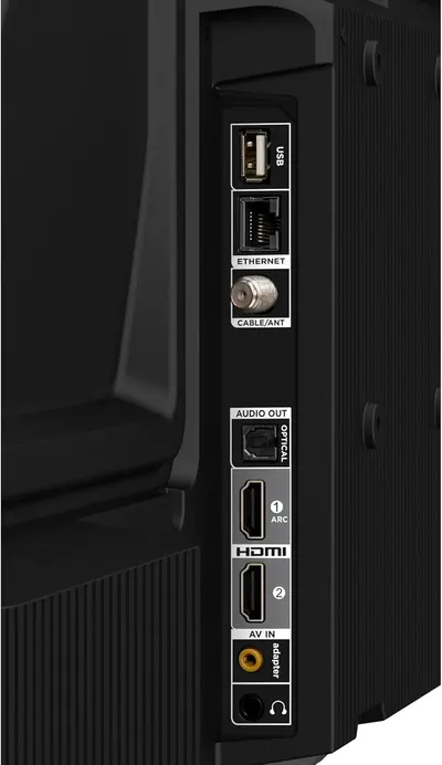 This image breaks down the TV's physical connectivity ports and input/output options, helping shoppers understand what devices and cables they can connect to the television.