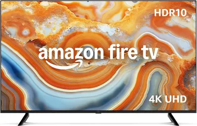 Establishes brand identity and communicates key technical specifications (HDR10, 4K UHD) to position the Fire TV as a premium streaming device with advanced display capabilities.