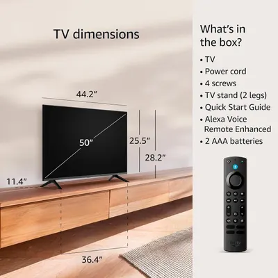 Provides exact physical measurements of the TV (50-inch diagonal, 44.2-inch width, 25.5-inch height, 11.4-inch stand height, 36.4-inch stand width) to help shoppers understand the product's size and…