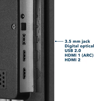 This image identifies and labels the specific ports and connectivity options available on the product, helping shoppers understand what devices and cables they can connect.