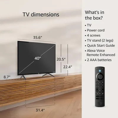 Provides exact physical dimensions of the TV (width, height, depth, diagonal screen size) to help shoppers understand the product's size and ensure it fits their space. Shows everything included in…