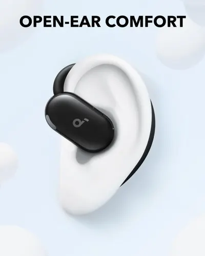 Highlights the open-ear comfort design of the earbuds, reassuring shoppers that the product is comfortable to wear and doesn't block the ear canal.