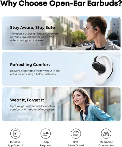This image showcases multiple distinct benefits of open-ear earbuds through visually segmented panels, highlighting safety, comfort, lightweight design, and technical features to help shoppers…