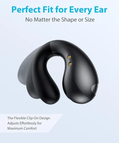 Communicates that the product's flexible clip-on design provides a comfortable, adjustable fit for all ear shapes and sizes, reassuring shoppers about comfort and compatibility.