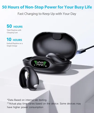 Communicates the impressive battery performance of the wireless earbuds, emphasizing long playtime and fast charging to reassure shoppers about reliability and convenience for busy lifestyles.…
