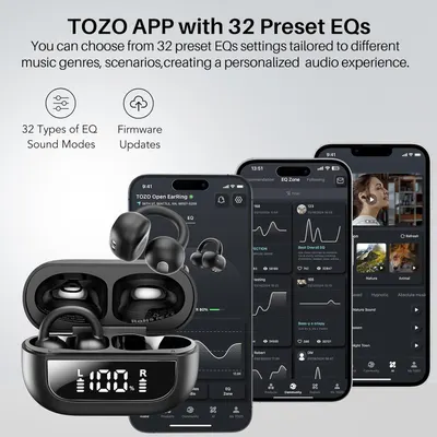 Communicates the product's advanced audio customization capabilities through the TOZO app, highlighting 32 preset EQ settings and firmware update functionality to reassure shoppers of a…