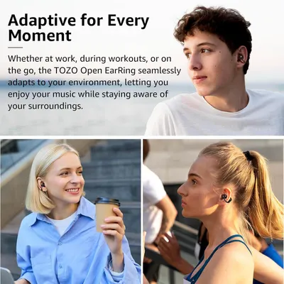 Demonstrates the product's versatility by showing it can be used in multiple real-world scenarios—at work, during workouts, and on the go—reassuring shoppers that the open earring design adapts to…