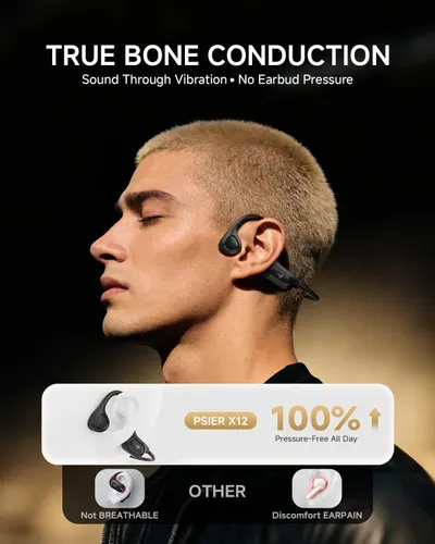 Demonstrates the superiority of the PSIER X12 bone conduction headphones over traditional earbuds by showing 100% pressure-free comfort and highlighting competitor drawbacks like lack of…