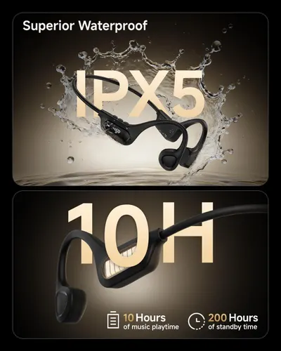 Communicates multiple key product benefits in a visually segmented layout: waterproof protection, extended music playtime, and long standby battery life to reassure shoppers of durability and…