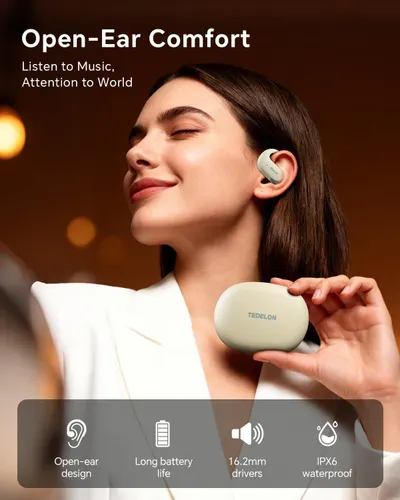 Communicates multiple key benefits of the earbuds in a segmented layout, highlighting comfort, battery performance, audio quality, and water resistance to appeal to various shopper priorities.