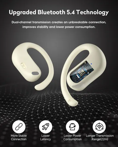 Communicates multiple technical benefits of the upgraded Bluetooth 5.4 technology through a segmented layout with icons, highlighting connection stability, latency reduction, power efficiency, and…