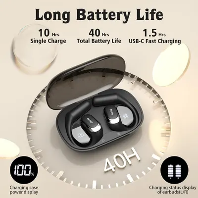 Communicates the product's impressive battery performance with specific quantifiable stats (10 hrs single charge, 40 hrs total, 1.5 hrs fast charging) to reassure shoppers about long-lasting usage…