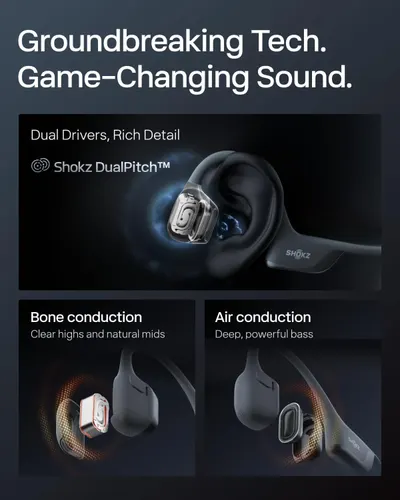 Explains the internal dual-driver audio technology (Shokz DualPitch™) by breaking down how bone conduction delivers clear highs and natural mids while air conduction provides deep, powerful bass,…