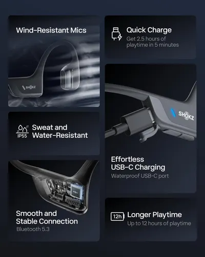 This image showcases multiple distinct product benefits in a segmented grid layout, highlighting the headset's durability, charging speed, connectivity, and battery life to communicate comprehensive…