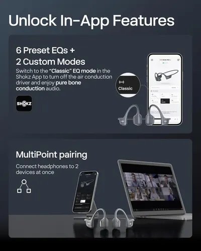 Communicates two distinct advanced features of the bone conduction headphones: customizable audio settings through the app and the ability to connect to multiple devices simultaneously, reassuring…