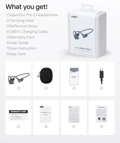 Shows the customer everything included in the box—headphones, carrying case, reflective strips, USB-C cable, warranty card, user guide, instruction manual, and app card—to reassure them of the…