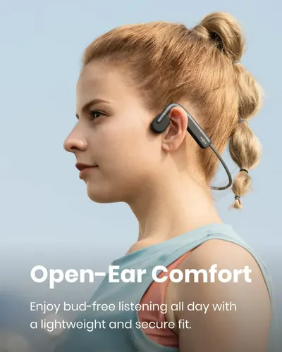 Highlights the open-ear design and comfort benefits of the bone conduction headphones, reassuring shoppers that they can enjoy bud-free listening all day with a lightweight and secure fit.