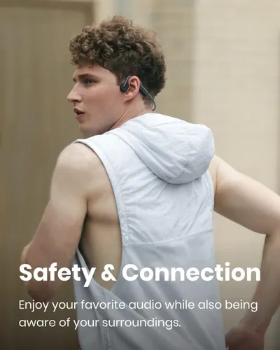 Communicates that the product allows users to enjoy audio while remaining aware of their surroundings for safety during outdoor activities.