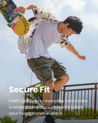 Communicates that the headphones stay securely in place during active movement, from light jogs to everyday commutes, thanks to the wraparound titanium frame design.