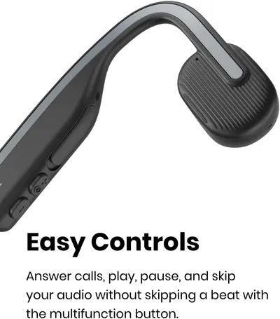 Highlights the convenience of the multifunction button that allows users to answer calls, play, pause, and skip audio easily without interrupting their activity.