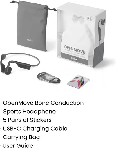 Shows everything included in the box to reassure shoppers they are getting a complete package with headphones, charging cable, stickers, carrying bag, and user guide.