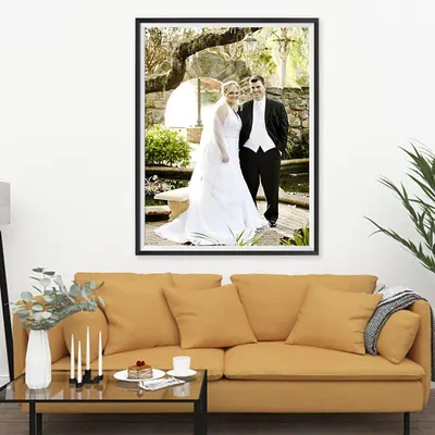 Shows the product (custom framed photo print) in a real-world home setting to help shoppers visualize how it would look displayed in their own space.