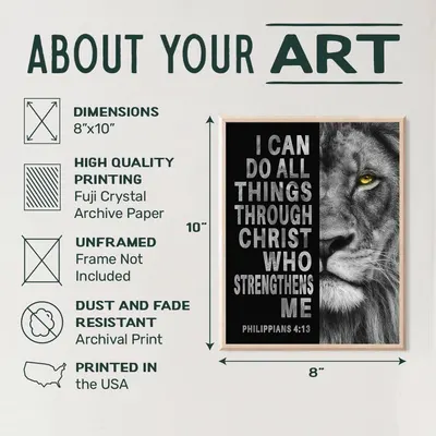 Communicates multiple product specifications and quality features in a segmented layout to inform shoppers about the art print's size, printing quality, archival properties, and manufacturing origin.