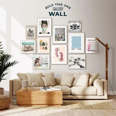 Showcases the brand's diverse product line of framed art prints and wall decor options, helping shoppers visualize how multiple pieces from the collection can be styled together to create a cohesive…
