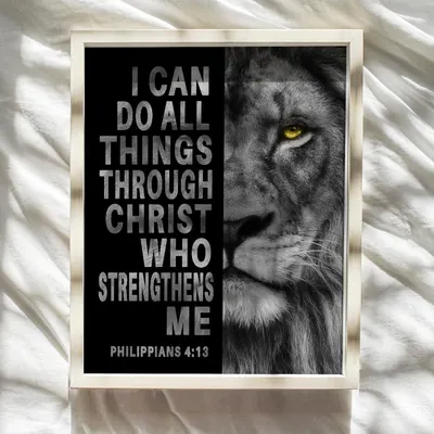 Communicates an inspirational, faith-based message of strength and resilience through Christ, using powerful imagery and a biblical quote to emotionally connect with shoppers seeking motivational…